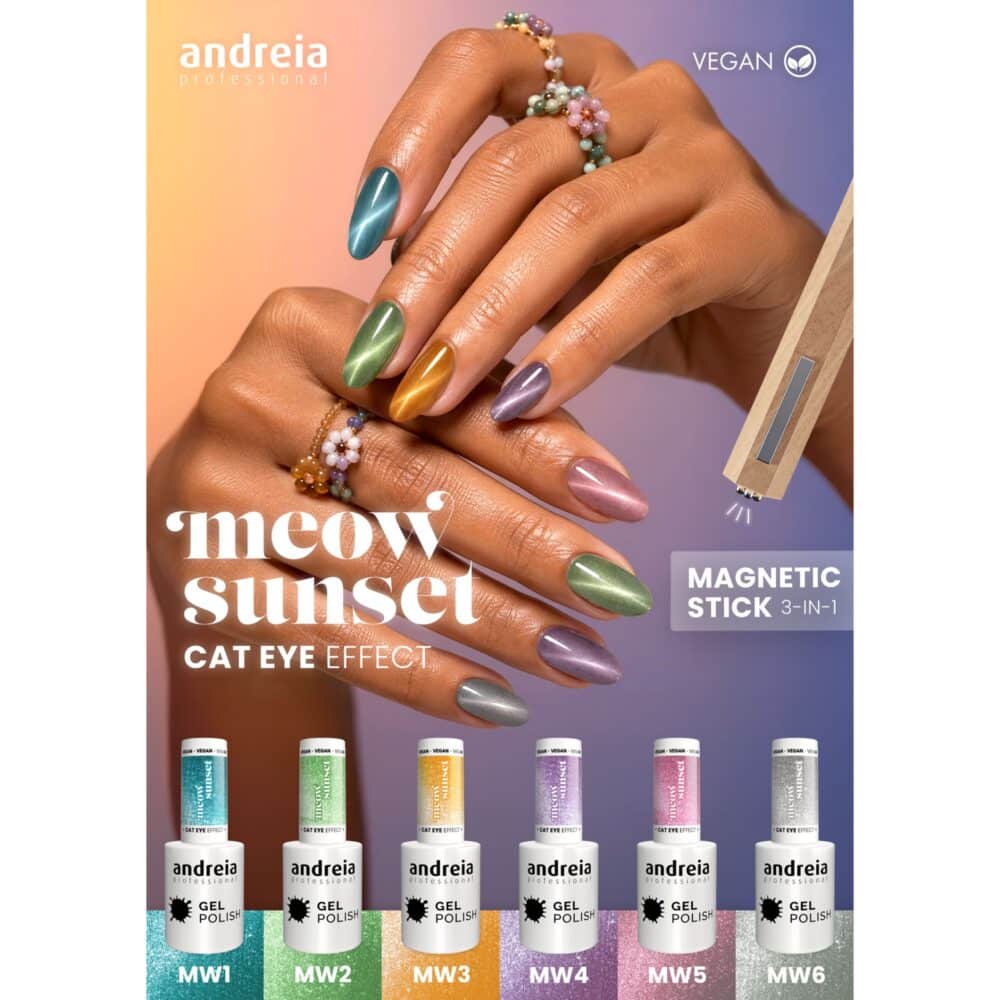Kit 6 cores Verniz de gel Andreia Coleção MEOW SUNSET e Magnetic Stick 3 in 1